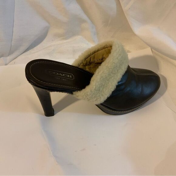 Coach "Kacie" Brown Leather With Faux Fur High Heel Mule Slip On Clog Sz 9.5B - Picture 1 of 13
